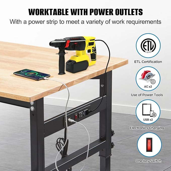 48" Workbench Desk with Power Outlets, Adjustable Height Rubber Wood Top Heavy-Duty Work Table, 2000 LBS Load Capacity Work Station for Garage, Workshop, Office, Home