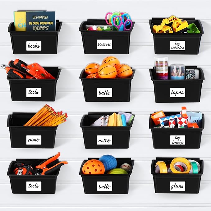 Mifoci 12 Pcs Storage Bins for PVC Slatwall Plastic Bin with Stickers Pens Slatwall Accessories for Organizing Hardware Craft Storage Tool Organizer Garage Craft Room Tool Shed(Black)