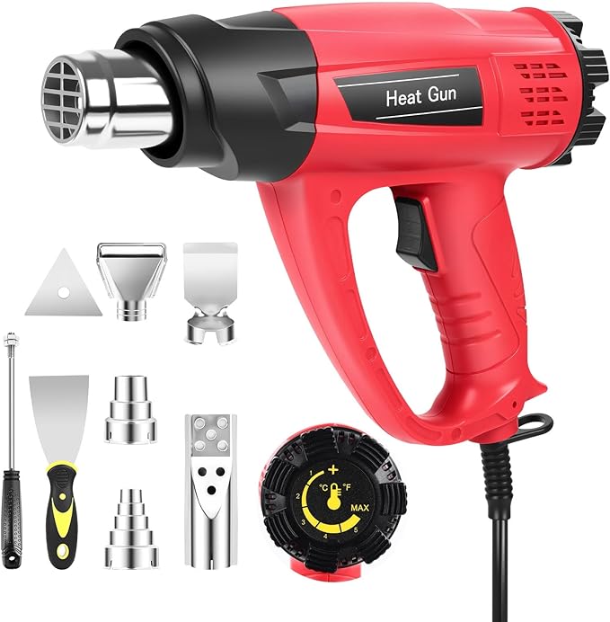 1800W Heat Gun 140℉~1112℉ (60℃-600℃) Fast Heating Heavy Duty Hot Air Gun Kit with Variable & Dual Temperature Settings, Overheat Protection, 5 Nozzles for Crafts (1800W Red Corded Heat Gun)