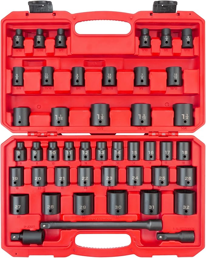 TEKTON 1/2 Inch Drive Shallow 6-Point Impact Socket Set with Case, 45-Piece (5/16-1-1/4 in., 8-32 mm) | SID92403