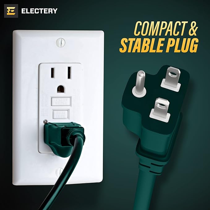 Indoor/Outdoor Extension Cord with 3 Outlets - 40 Ft Multi-Outlet 1625W Wire, 16/3 SJTW Grounded Plug - for Outside & Indoor Use, Waterproof & Weather Resistant - Green- ELECTERY ETL Listed