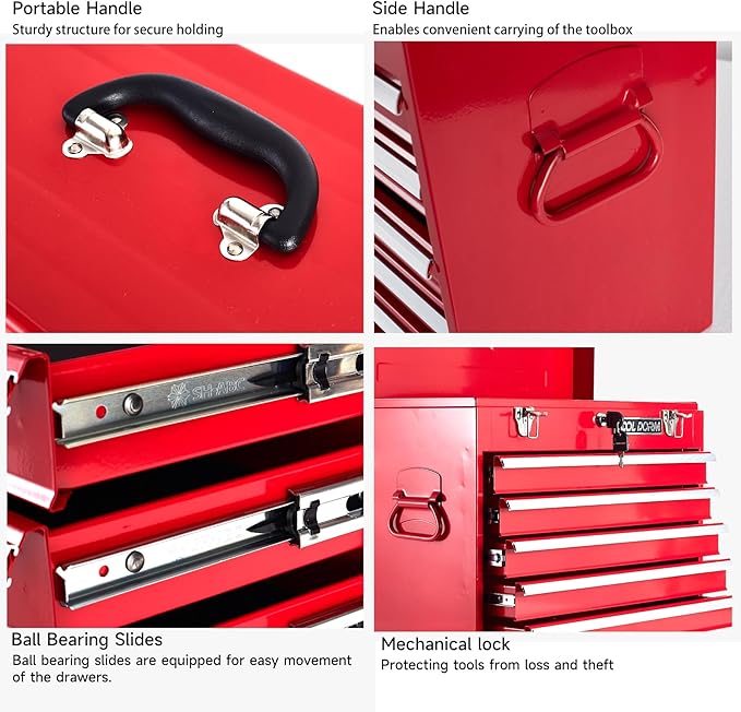 Metal Tool Box with 5 Drawers Portable Steel Tool Chest with Metal Cylinder Lock and Latch Closure, Liner, Red Powder coating, suitable for Garage, Warehouse and Outdoor Repair job