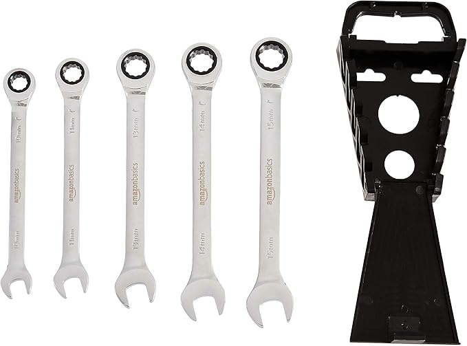 Amazon Basics 5-Piece Metric Ratcheting Wrench Set, 10mm, 11mm, 13mm, 14mm, 15mm, Black/Silver
