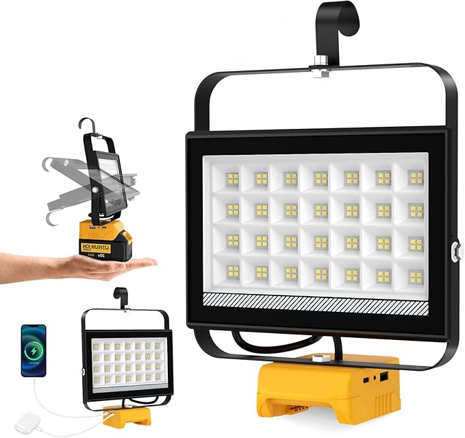 T-SUNiceM Cordless LED Work Light Compatible with Dewalt 20v Max Battery, 100W 10000LM Flood Light, Flashlight for Dewalt 20v Tools with USB & Type-C Charging and Pivoting Head for Jobsite, Camping