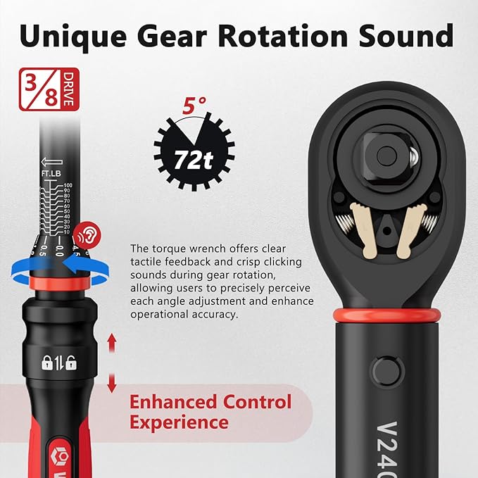 VANPO Torque Wrench 3/8-Inch Drive 10-100 Ft-Lb/13.6-135.5Nm Click Type for Motorcycle, Car & Small Machinery Maintenance - TPR+ABS Handle, ±3% Precision, 72-Tooth Ratchet,with Portable Case