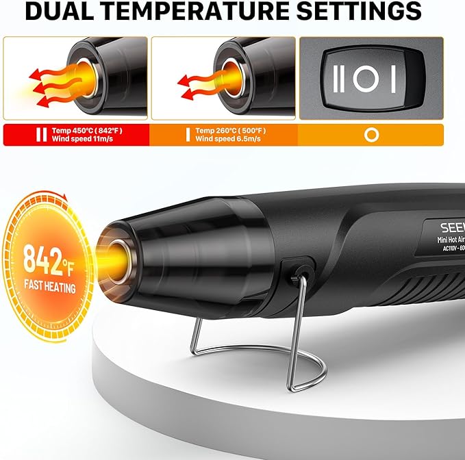 SEEKONE 350W Mini Heat Gun with Dual-Temp Model 500℉ & 842℉(260℃& 450℃), Hot Air Gun with Overload Protection and Reflector Nozzle for Heat Shrinking Tubes, Shaping, PVC Tubing（Black）