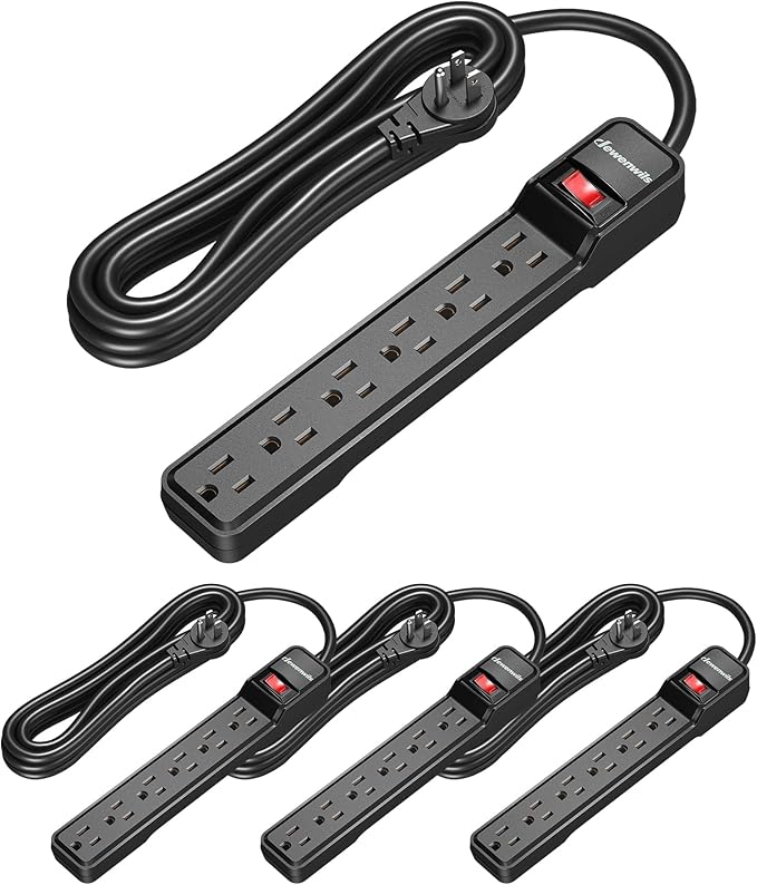 DEWENWILS 15 Foot Long Power Strip, 6-Outlet Power Strip 15FT, 15 Amp Circuit Breaker, Low Profile Flat Plug, Surge Protector for Office, Living Room, Bedroom, 4 Pack, Wall Mount, Black