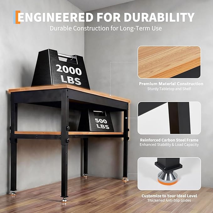 60" Work Bench with Storage Shelf, Adjustable Height Workbench, 60" x 24" Work Benches for Garage, 2500 LBS Tool Bench with Power Outlet for Workshop & Home