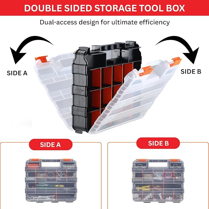Andalus Tools Organizer Box, Small Parts Storage 34-Compartment Double-Sided Portable Hardware Organizer Removable Plastic Dividers for Screws, Nuts, Bolts, Nails – Orange (2 Pack, 12.5" x 10.5" x 3")