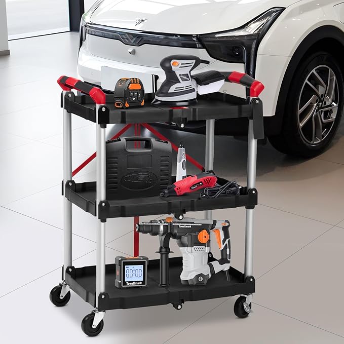 PioneerWorks Folding Utility Service Cart, Collapsible Cart with Wheels, 3 Tier Rolling Utility Cart, Folding Cart with Wheels Collapsible, Service Cart for Tool, Grocery, Bar, Garage, Kitchen, Office