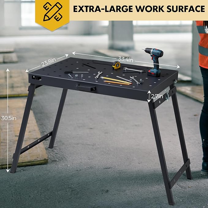 OLBRUS Welding Table Foldable Work Bench, Folding Workbench,1000LBS Capacity Heavy-Duty Welding Workbench with Fixture Holes, Foldable Steel Work Bench for Welding, Assembly & Repair