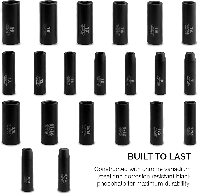 NEIKO 02431A 3/8” Drive SAE and Metric Deep Impact Socket Set | 21 Pieces | SAE 5/16” to 3/4” | Metric 7mm to 19mm | Premium Cr-V Steel | 6-Point Hex Design | Corrosion Resistant Coating