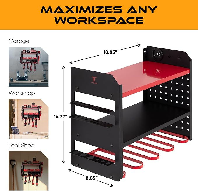 Power Tool Organizer Wall Mount, 4 Layer Heavy Duty Metal Tool Storage Rack with 4 Drill Holders, Pegboard Side Panels & Hooks, Garage Tool Organizer Wall Mount for Cordless Tools, Workshop, Shed