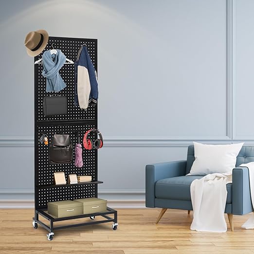 NectaCol Metal Pegboard Display Stand with Baseplate, Two Separately Pegboard Panels, 2'x 5' Standing Pegboard Display with Four Wheels, Peg Board Display Rack, Extra 30 Pieces Hooks (Black)
