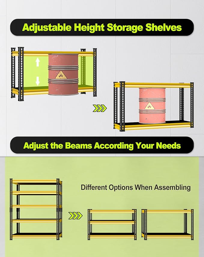 Garage Shelving Heavy Duty 2500LBS Loads, 48" W Adjustable Garage Storage Shelves, 5-Tier Metal Shelving Units and Storage, Industrial Utility Shelf, 48" Wx18 Dx78 H,Yellow