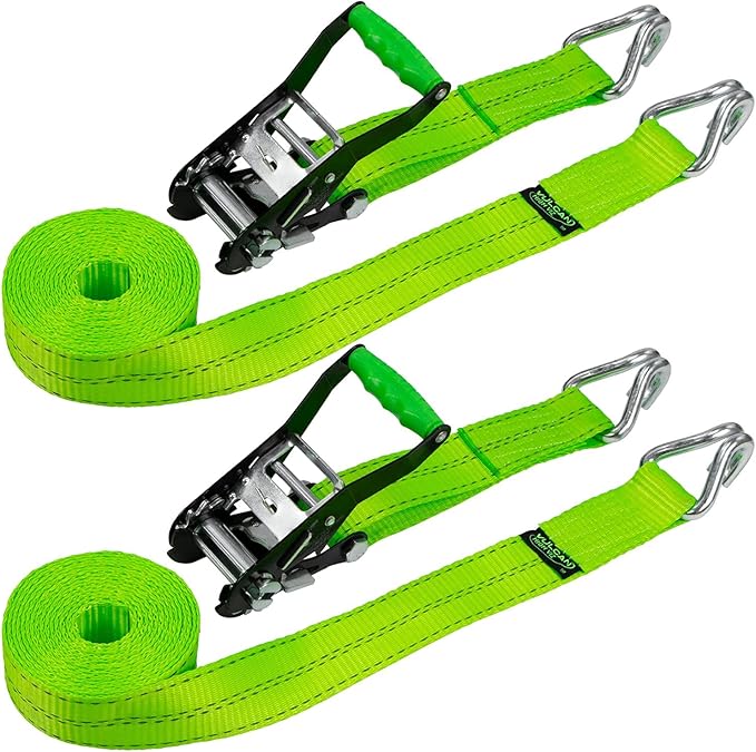 VULCAN Ratchet Strap with Wire Hooks - 2 Inch x 15 Foot - 2 Pack - High-Viz - 3,300 Pound Safe Working Load