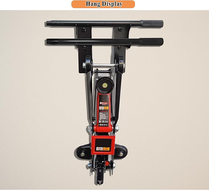 Heavy-Duty Steel Floor Jack Holder & Jack Stand Wall Mount Hook Rack,Black Electro-Plated, Two-piece Handle Storage