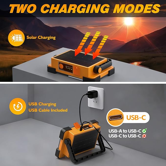 2 Pack 120W Solar Rechargeable Work Light, 144 LED 10000LM Led Work Light with 4 Modes, Portable Flood Light with Stand, IP66 Waterproof Outdoor Working Light for Emergency Mechanic Camping Repair