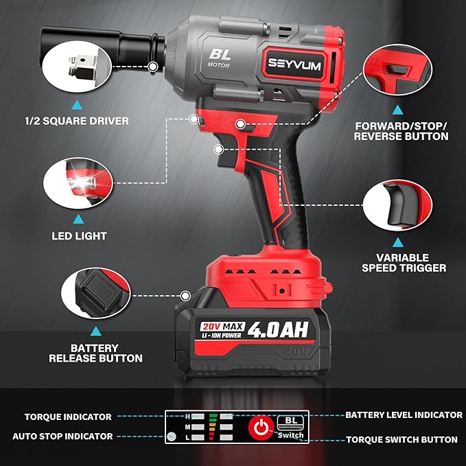 SEYVUM Cordless Impact Wrench, 1/2” Max Torque 600 Ft-lbs / 800 N.m Powerful Impact Gun, 20V 3500RPM Electric Impact Driver, 2 x 4.0Ah Battery & Fast Charger, 6 Impact Sockets, Carrying Case Included