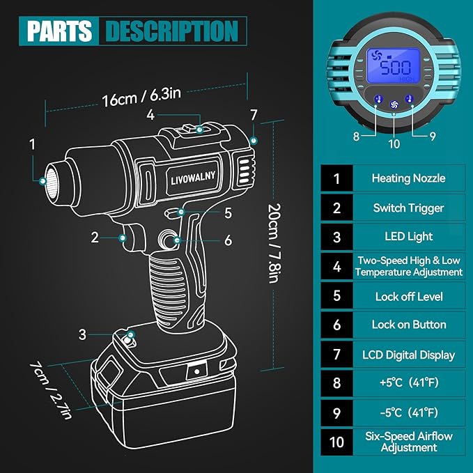 LIVOWALNY Cordless Heat Gun Compatible with Makita 18V Battery: LCD Digital Display - 350W 122℉-1022℉ Adjustable Portable Battery Powered Hot Air Gun for Shrink Tubing Crafts Vinyl Wrap (No Battery)