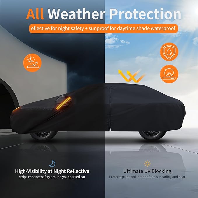 Waterproof Car Cover All-Weather, Heavy-Duty Outdoor Full Exterior Automobiles Snow Cover for Sedan 204-208 inch with Sun Visor,Zippered & Storage Bag - Black