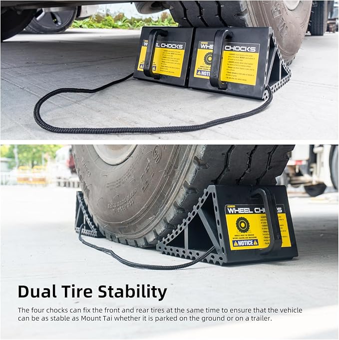 Wheel Chocks for Cars, RVs, Trucks, Trailers, and Vehicles G.V.W. up to 8T, 2 Pack with Handle and Rope - Anti Slip Bottom Tire Chock for All Weather Use - Accessory Must (Black - 2 Pack)