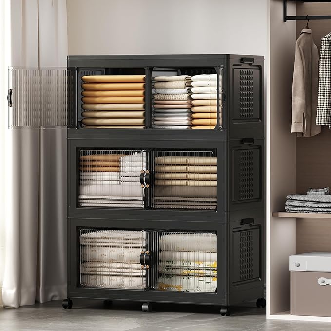 SAILUN 145Gal/579Qt Stackable Storage Bins Folding Collapsible Storage Bins with Lid, Closet Organizers and Storage Box with Door Black 33.5" W x 19" D x 53" H