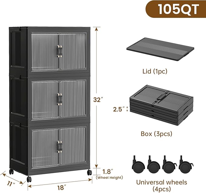 SAILUN 26Gal/105Qt Stackable Storage Bins Folding Collapsible Storage Bins with Lid, Closet Organizers and Storage Box with Door Black 18" W x 11" D x 32" H
