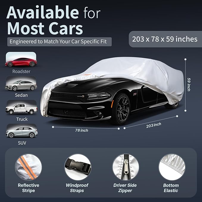 Car Cover Waterproof All-Weather,Heavy-Duty Outdoor Full Exterior Automobiles Snow Cover for Sedan/Coupe 194-203 inch,with Sun Visor,Anti-Scratch Cotton Lining & Zippered,Towel&Storage Bag