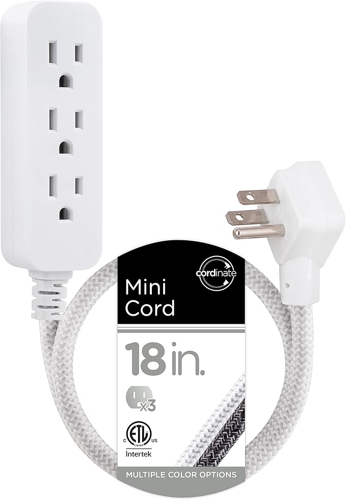 Cordinate Designer Mini 3-Outlet Power Strip, 18 in Braided Extension Cord, Grounded Adapter, Low-Profile Flat Plug, ETL Listed, White/Gray, 47297