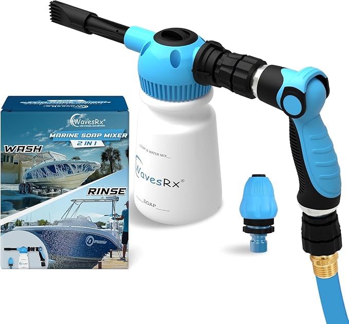 WAVESRX PWC & Boat Wash Sprayer & Engine Flush Mixer to Wash Salt Away | Dual-Use Marine Soap Foamer to Quickly Wash and Rinse | Cleaning Kit for Boating with Garden Hose Quick-Connect