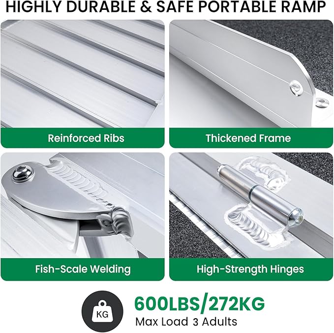 8 Feet Portable Wheelchair Ramp, 600 LBS Capacity Folding Aluminum Threshold Ramp with Anti-Slip Surface, Mobility Access Handicap Ramp for Home Steps, Doorway, Stairs, Doorways, Scooter