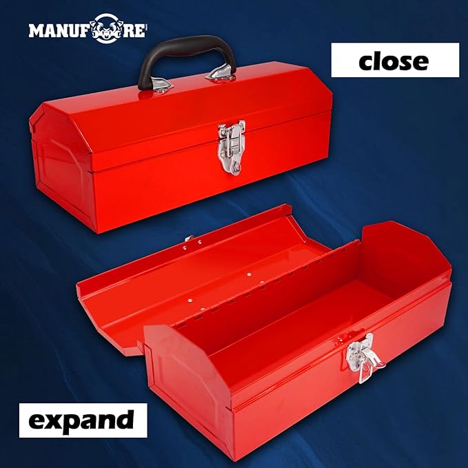 MANUFORE 16" Metal Tool Box Lightweight and Sturdy Storage Box Made of Heavy Steel and Nicely Finished and Painted