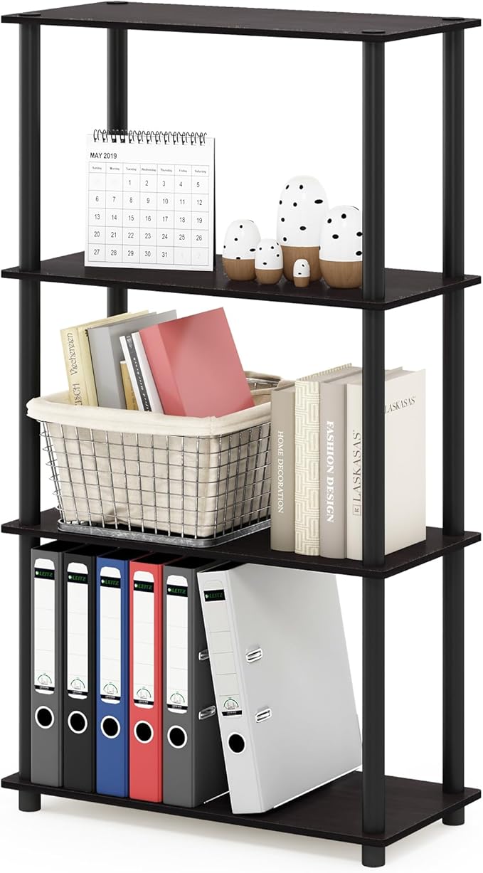 Furinno Turn-N-Tube 4-Tier Multipurpose Shelf Display Rack, Round Tubes, Dark Walnut