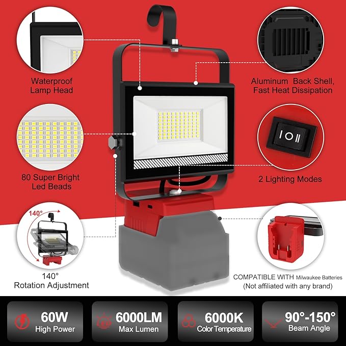60W 6000LM Cordless Work Light Compatible with Milwaukee 18V Battery (Battery Not Included), Portable LED Flashlgiht Flood Light with USB &Type C Charging for Job Site, Emergency, Camping