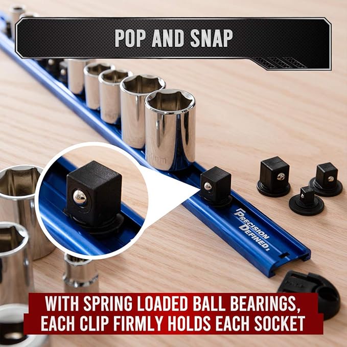 Precision Defined Aluminum Tool Socket Holder | Blue, Single 1/4-Inch Socket Organizer x 16 Clips | Heavy Duty Socket Rails Organizer, Socket Storage, Socket Tray 360 Rotation