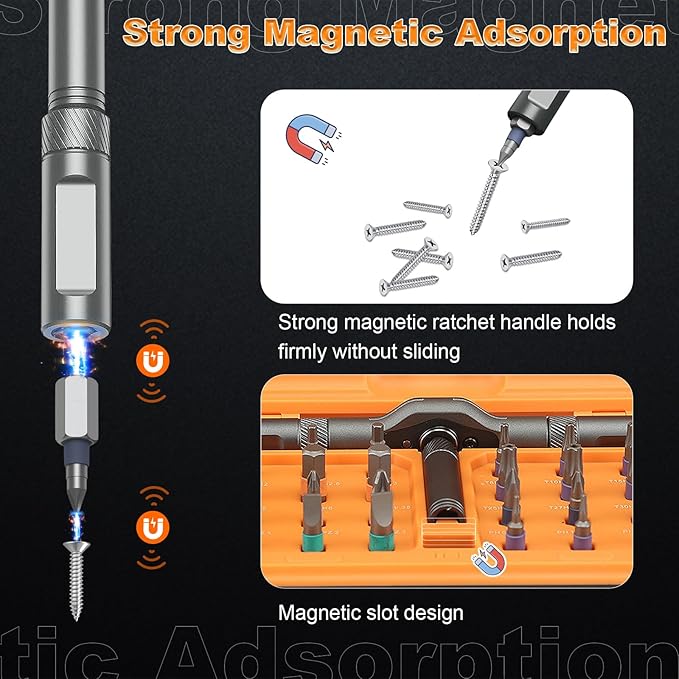 42 In 1 Magnetic Ratchet Screwdriver Set, T Handle Ratcheting Screwdriver Set with Storage Case, Multi Bits, Repair Kit for Computer, Eyeglass, Bicycles, Watch, Furniture, DIY (Orange)