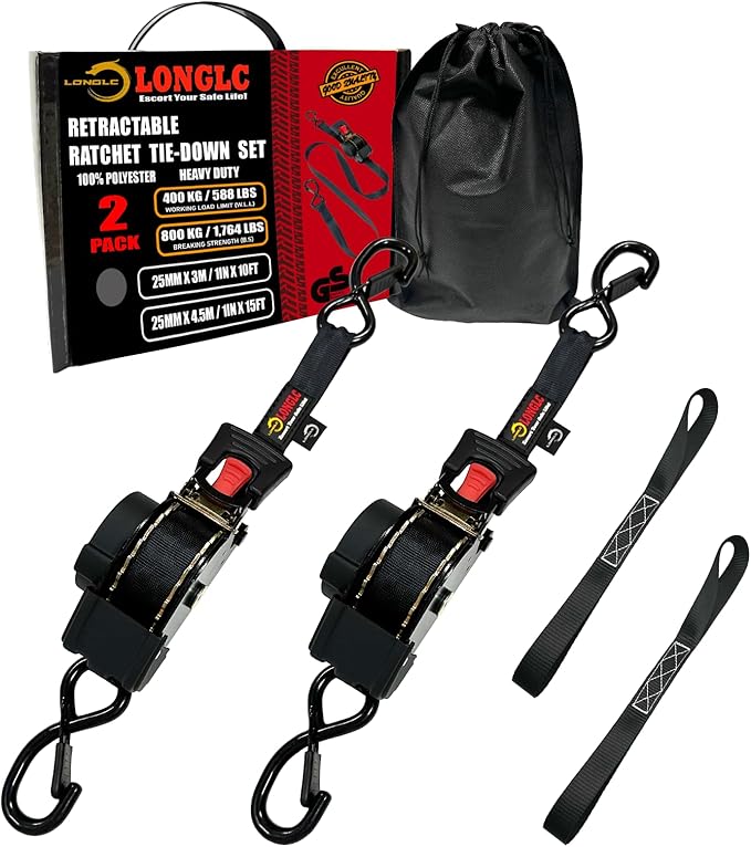 4-Pack Retractable Ratchet Straps Black Heavy Duty - 1 Inch X 10Feet with Soft Loops, 2,000lbs Breaking Strength - Best for Trucks, Cargo Trailer, Motorcycle, Tie Down Straps Ratchet
