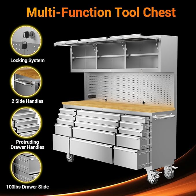 CHETTO C 72-inch Rolling Tool Chest Cabinet Mobile Workbench with 15 Storage Drawers and Wheels 3 Uper Cabinet Outlet SS Pegboard Stainless Steel Tool Box for Garage Warehouse