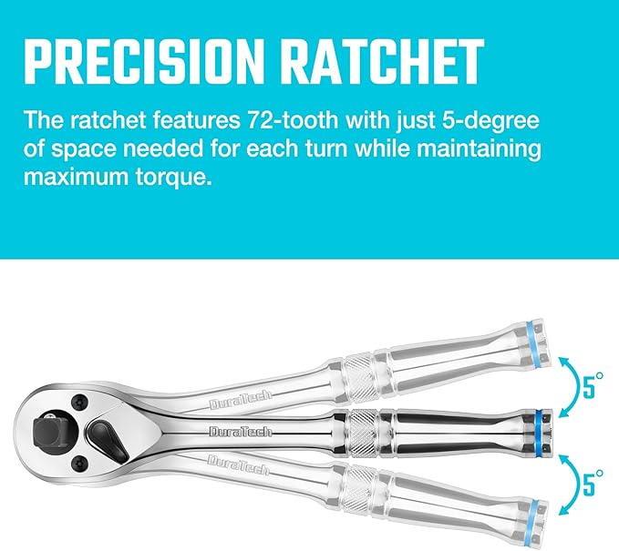 DURATECH 3-IN-1 Ratchet Handle, 1/4 ", 3/8 ", 1/2" Drive Ratchet Wrench, 72-Tooth, Reversible Switch, Full-Polished Chrome Plating, Alloy Steel