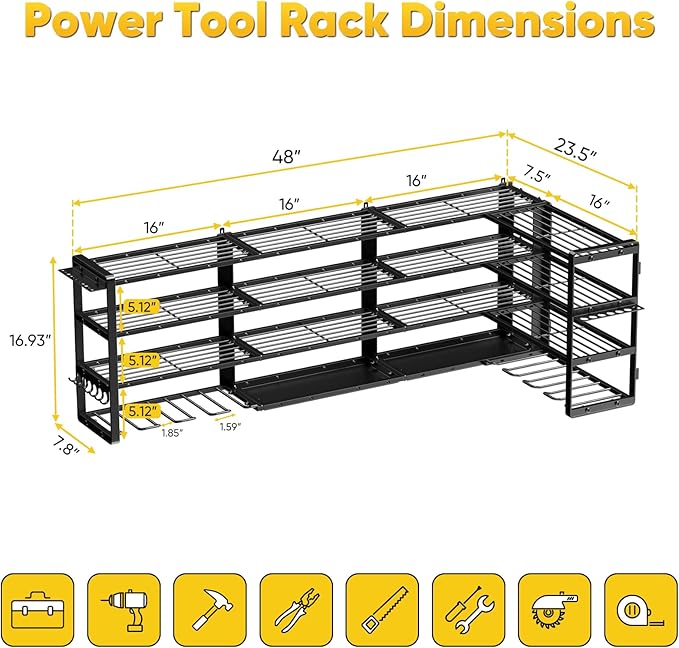 POKIPO Extra Large 64" W Power Tool Organizer Wall Mount, Load 1000 lbs, Heavy Duty 4 Tier Garage Storage Rack with 8 Drill Holders, 2 in 1 Corner or Straight Installation
