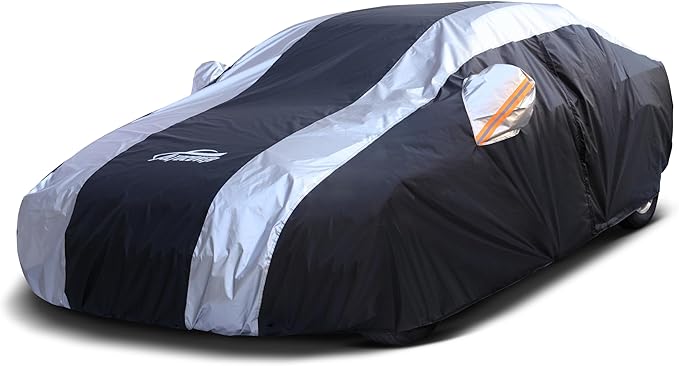 Car Covers for Automobiles All Weather Waterproof with Silver Stripe Design, Universal Fit Kia Stinger K5/Optima, Chevy Malibu, Cadillac CT4, BMW 3 Series(19-25), Benz C-Class(22-25)