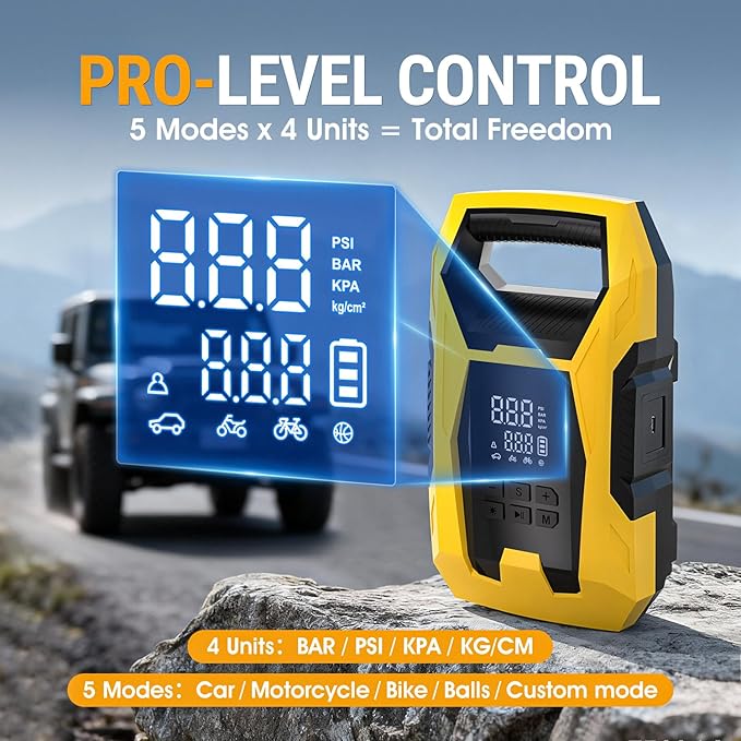 CARSUN Cordless Tire Inflator Portable Air Compressor, 150 PSI Portable Air Pump for Car Tires with Digital Dual Values Display, Tire Pump for Car, Bike, Motorcycle, Ball (with 7800mAh Battery)