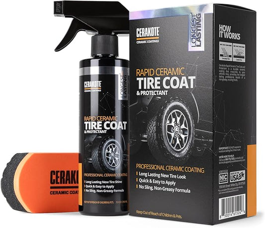 CERAKOTE Rapid Ceramic Tire Coat – Showroom New Tire Shine – Deep Tire Black Finish – Lasts Up to 10x Longer – No Sling, Non-Greasy Ceramic Tire Coating for Car, Truck & SUV – Easy Application (10oz)
