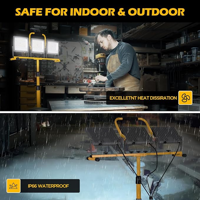 30000 Lumen LED Work Lights with Stand - 3 Adjustable Head Waterproof Foldable Tripod Light, 6500K Daylight (47-68" Height) & 18FT Cord - IP66 Rated for Construction Sites, Garage, Outdoor