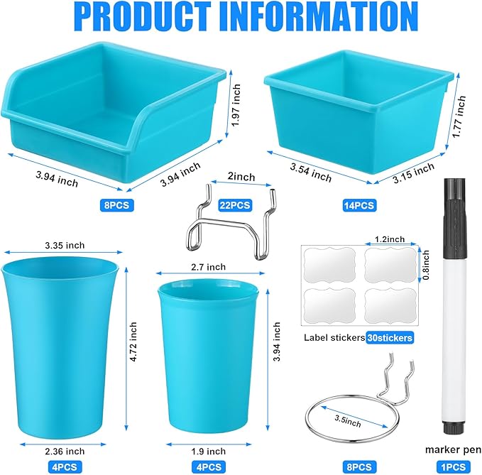 Sieral 64 Pieces Pegboard Bins Pegboard Cups with Hooks and Loops Peg Hooks Assortment Organizer Accessory for Organizing Accessories Tools Storage Office Workshop Garage Workbench (Blue)