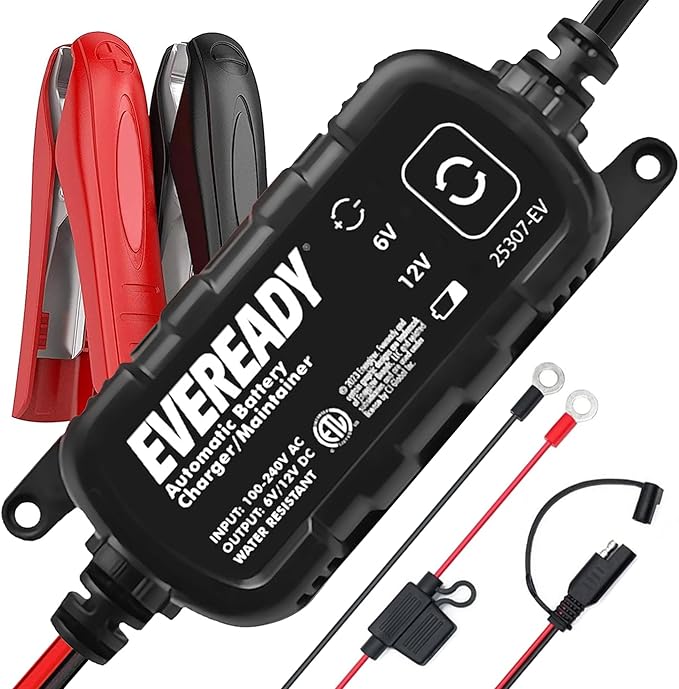 Eveready 1.2A Car Battery Charger – Automatic Float Trickle Charger for Car Battery 12V & 6V Lead Acid, Portable Car Battery Charger and Maintainer with Overcharge & Short-Circuit Protection