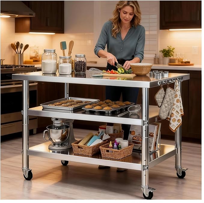Stainless Steel Table with Wheels for Food Preparation and Work, Multi-Size Optional, Three-Layer Variable Two-Layer Metal Commercial Workbench Outdoor, Restaurant, Kitchen (51" Lx24 Wx34 H)