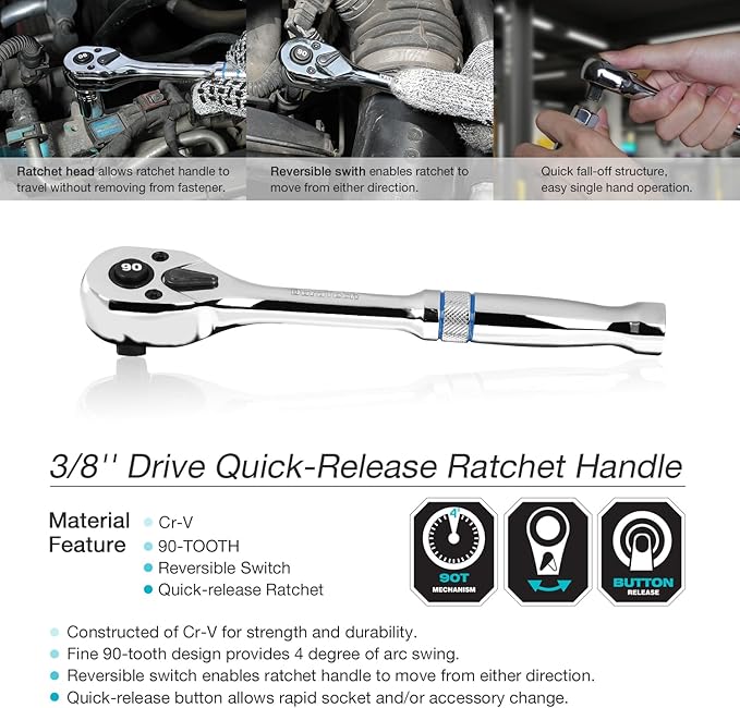 DURATECH 3/8-Inch Drive Ratchet, 90-Tooth Quick-release Ratchet Wrench, Reversible, Chrome Alloy Made, Full Polished, Stocking Stuffers for Men Women Gifts for Men Gifts for Women Gifts for Dad