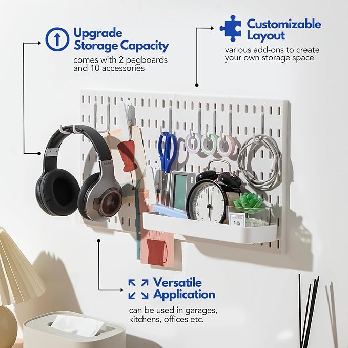 Keepo Pegboard Combination Kit with Modular Accessories, Wall Organizer for Gaming Setup, Crafts, and Ornament Display, Peg Board for Bedroom, Office, Home (White, 22″×11″)